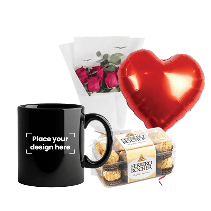 Ceramic Mug Bundle (Personalized Black Ceramic Magic Mug, Flowers, Balloon & Chocolate)