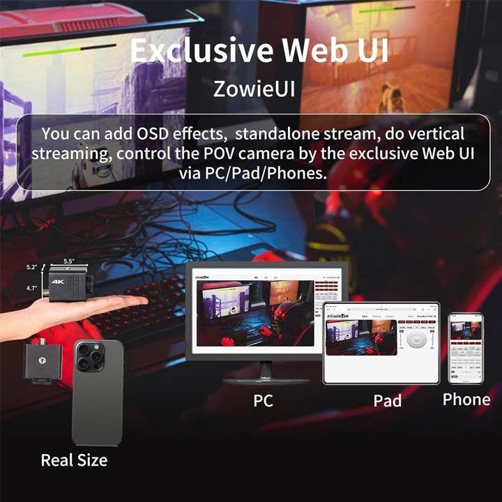 ZOWIETEK ZowieCam 4K POV Webcam - HDMI/SDI, RTSP/RTMP/SRT, Live Streaming to YouTube/Twitch - Black | ZOWIECAM-POV