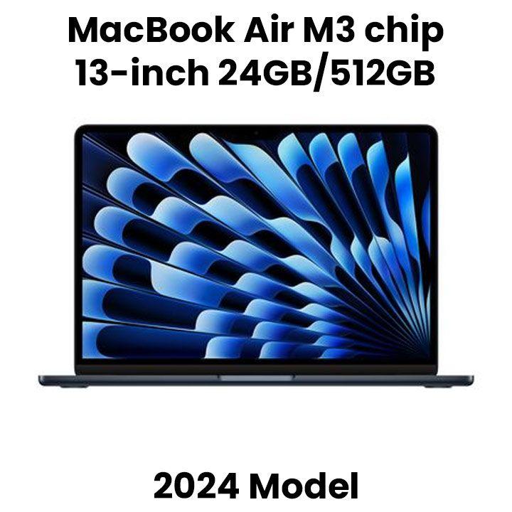 Apple 13-inch MacBook Air: Apple M3 chip with 8-core CPU and 10-core GPU, 24GB, 512GB SSD - Midnight |MC8Q4AB/A