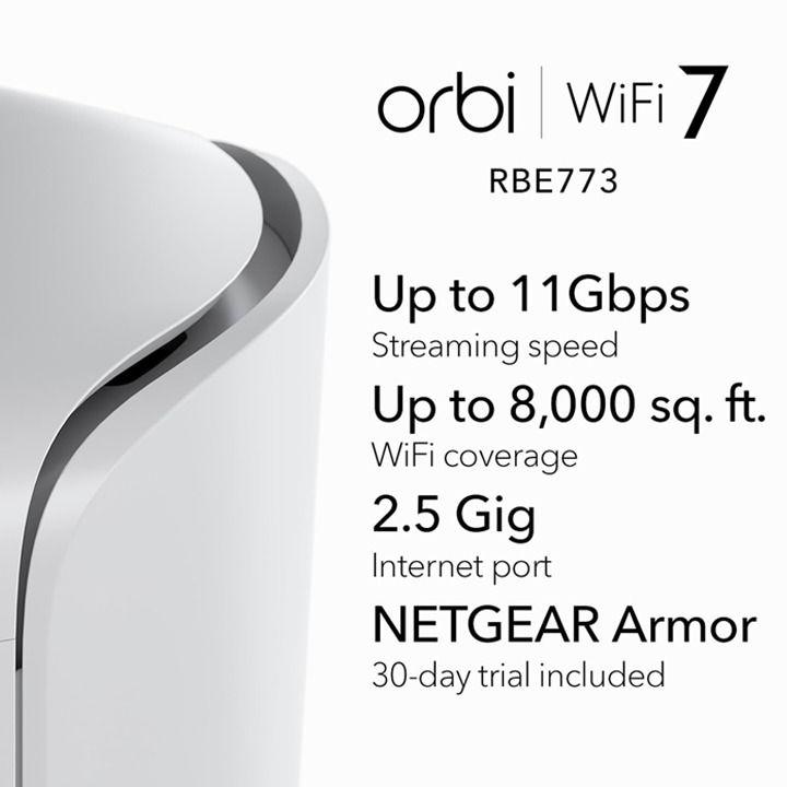 NETGEAR Orbi WiFi 7 Mesh System (770 Series) - Up to 8,000 Sq. Ft., 11Gbps, 100 Devices, Tri-Band Router + 2 Satellite Extenders - White | RBE773