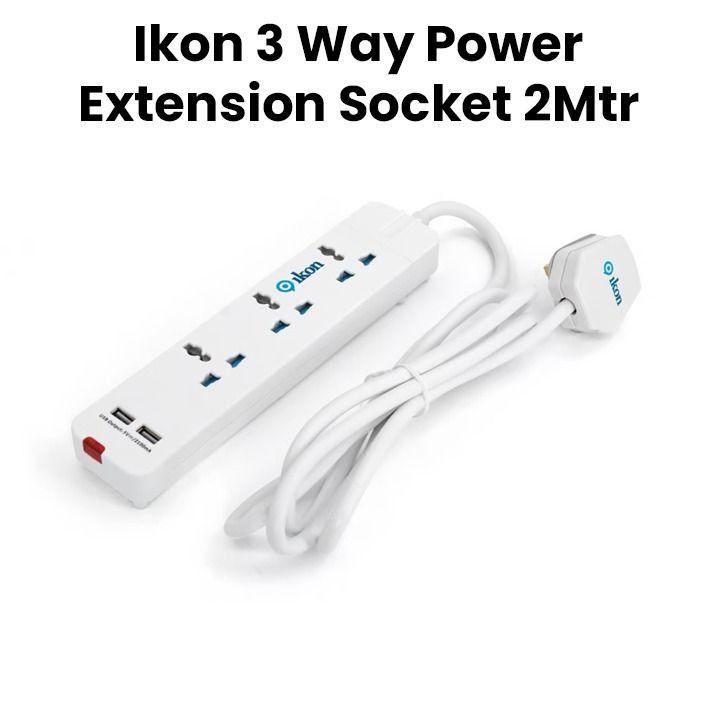Ikon 3-Way Power Extension Socket with 2 USB Ports 2M White | IK-104U