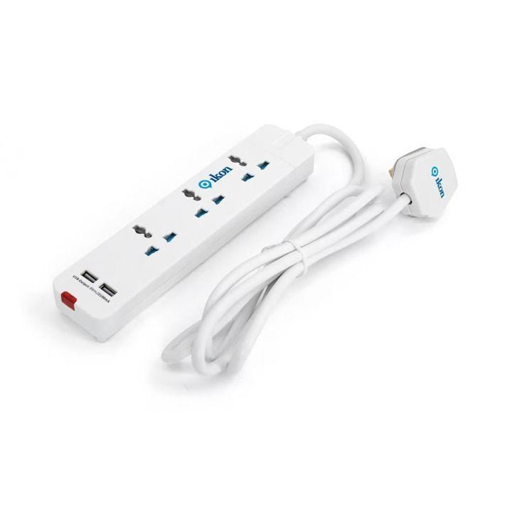 Ikon 3-Way Power Extension Socket with 2 USB Ports 2M White | IK-104U