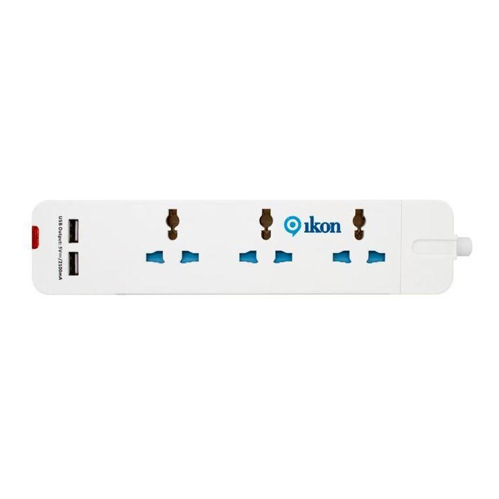 Ikon 3-Way Power Extension Socket with 2 USB Ports 2M White | IK-104U
