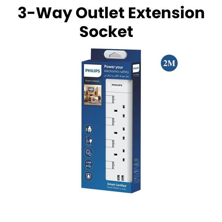 Philips 3-Way Outlet Extension Socket Individual Switch BS Plug 2Mtr Cord - White (SPN2934WA/56)