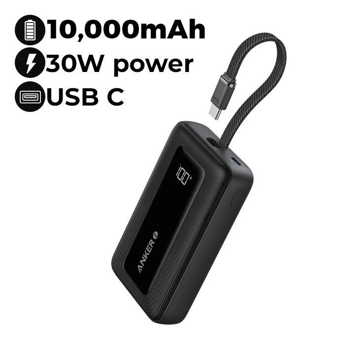 Anker Zolo Power Bank 10K, 30W, Built-In USB-C Cable - Black | A1688H11