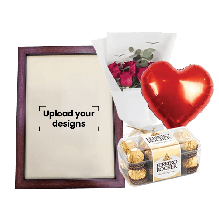A3 Photo Frame Bundle (Personalized Dark Walnut Photo Frame, Flowers, Balloon & Chocolate)