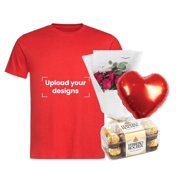 Red T-Shirt Bundle (Personalized Red T-Shirt, Flowers, Balloon & Chocolate)