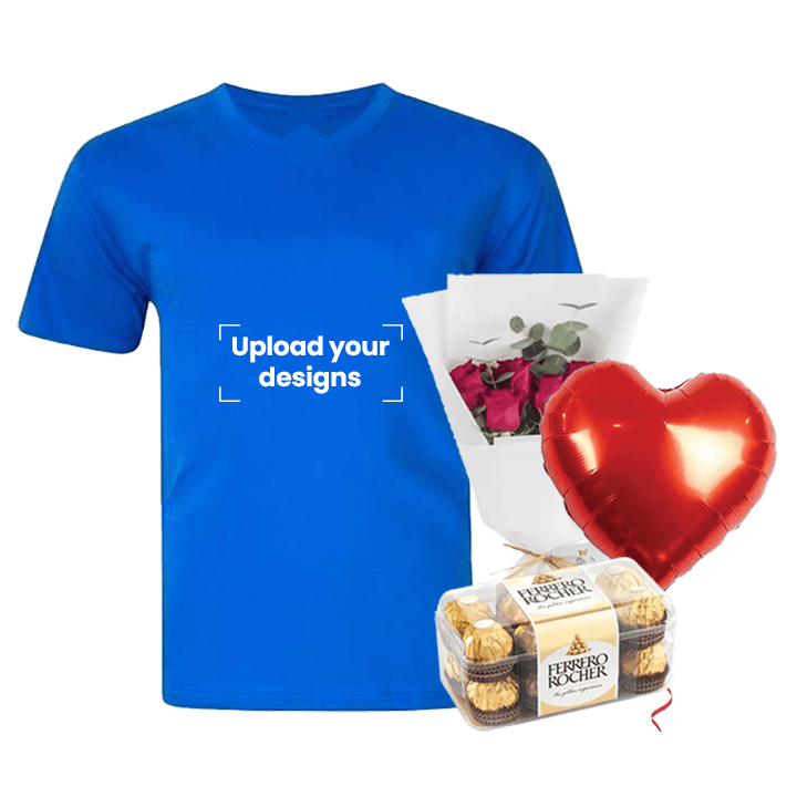 Royal Blue T-Shirt Bundle (Personalized Grey T-Shirt, Flowers, Balloon & Chocolate)