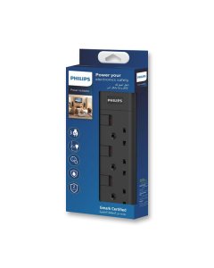 Philips 3-Way Outlet Extension Socket Individual Switch UK Plug 2Mtr Cord - Black (SPN2932BA/56)