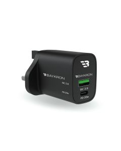 BAYKRON 36W Fast Charging Dual Port Wall Charger with Type-C™ Power Delivery 20W + QC3.0 technology for European Standard Outlets (BKR-SL-WC-PDQC-UK)