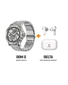 Swiss Military Dom 2 Smart Watch Metal Strap Silver + Swiss Military Delta TWS Earphones Bundle