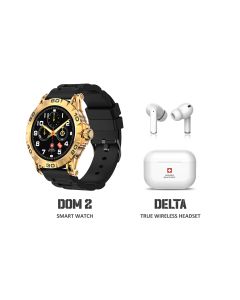 Swiss Military Dom 2 Smart Watch Yellow Gold Frame Black Silicon Strap + Swiss Military Delta TWS Earphones Bundle